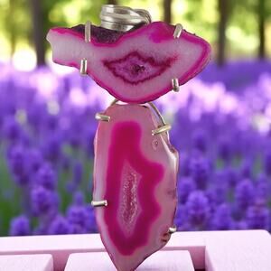 Pink Agate Geode Slice Sterling Silver Pendant 2.5" Eye Pattern Drop
